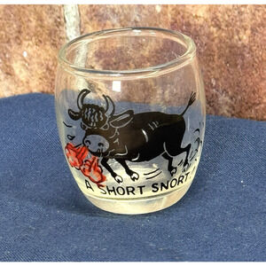 Vintage Novelty Shot Glass A Short Snort Mad Bull‎ Design Barrel Round Shape
